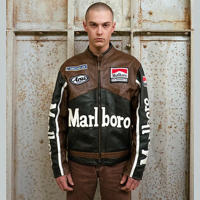 Marlboro Vintage Brown Racing Leather Effect Jacket