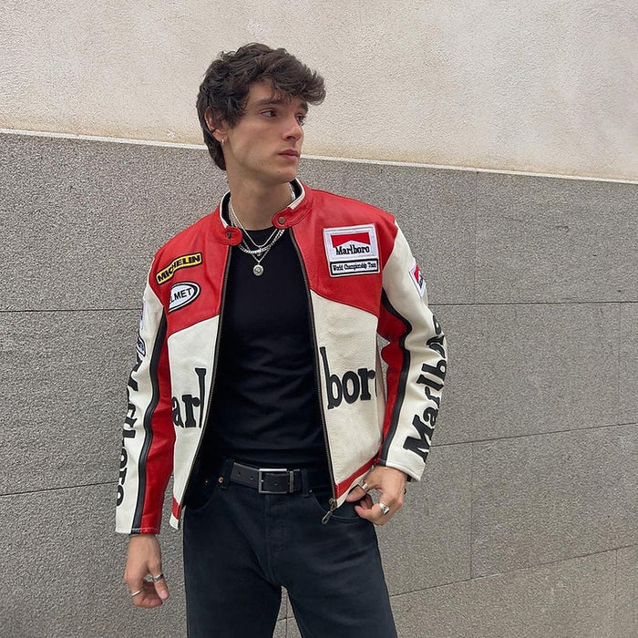 Marlboro Vintage White Racing Leather Effect Jacket