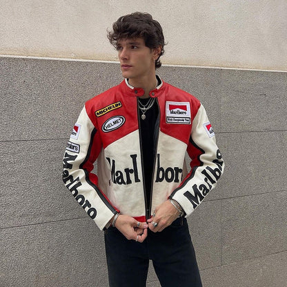 Marlboro Vintage White Racing Leather Effect Jacket