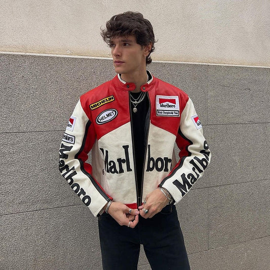 Marlboro Vintage White Racing Leather Effect Jacket